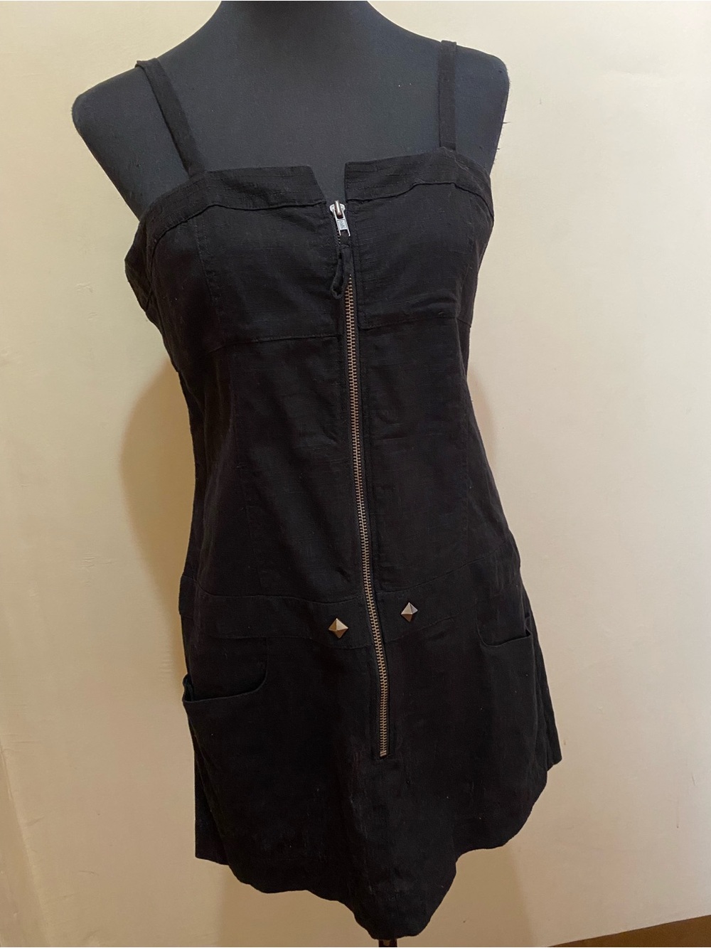 Black Zipper Front Spaghetti Strap Mini Dress S